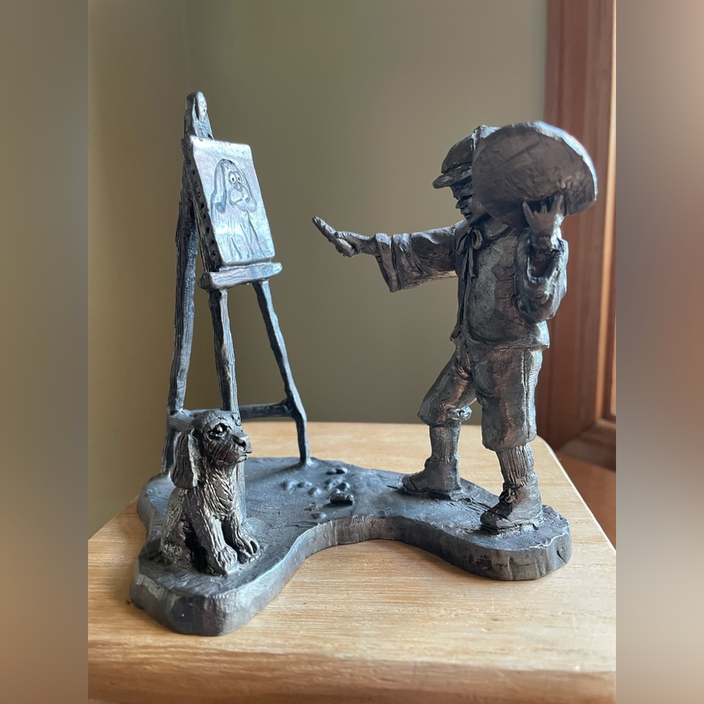 Vintage Michael Ricker Boy Artist with Dog Pewter Figurine